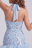 Halter Neck Sky Blue Floral Ruffled Bodycon Short Homecoming Dress with Sequins