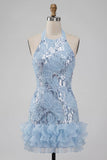 Halter Neck Sky Blue Floral Ruffled Bodycon Short Homecoming Dress with Sequins