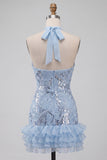Halter Neck Sky Blue Floral Ruffled Bodycon Short Homecoming Dress with Sequins