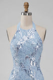 Halter Neck Sky Blue Floral Ruffled Bodycon Short Homecoming Dress with Sequins