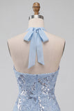 Halter Neck Sky Blue Floral Ruffled Bodycon Short Homecoming Dress with Sequins