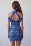Royal Blue Halter Neck Bodycon Short Homecoming Dress with Sequins
