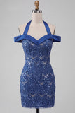 Royal Blue Halter Neck Bodycon Short Homecoming Dress with Sequins