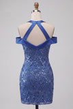 Royal Blue Halter Neck Bodycon Short Homecoming Dress with Sequins