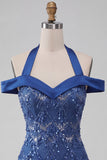 Royal Blue Halter Neck Bodycon Short Homecoming Dress with Sequins