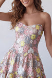 Sparkly Pink Sweetheart A-Line Tiered Floral Short Homecoming Dress with Sequins