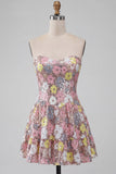 Sparkly Pink Sweetheart A-Line Tiered Floral Short Homecoming Dress with Sequins