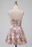 Sparkly Pink Sweetheart A-Line Tiered Floral Short Homecoming Dress with Sequins