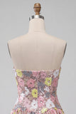 Sparkly Pink Sweetheart A-Line Tiered Floral Short Homecoming Dress with Sequins