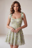 Dusty Sage A-Line Floral Thick Straps Short Homecoming Dress with Beading