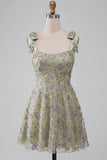 Dusty Sage A-Line Floral Thick Straps Short Homecoming Dress with Beading