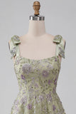 Dusty Sage A-Line Floral Thick Straps Short Homecoming Dress with Beading