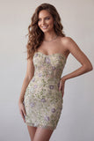 Sweetheart Dusty Sage Bodycon Floral Sheer Corset Short Homecoming Dress with Beading