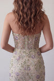 Sweetheart Dusty Sage Bodycon Floral Sheer Corset Short Homecoming Dress with Beading