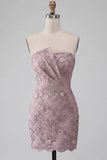 Strapless Bodycon Pearl Floral Ruched Short Homecoming Dress with Beading