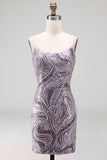 Lilac Bodycon Spaghetti Straps Short Homecoming Dress with Sequins