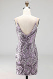 Lilac Bodycon Spaghetti Straps Short Homecoming Dress with Sequins