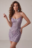 Lilac Bodycon Spaghetti Straps Short Homecoming Dress with Sequins