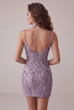 Lilac Bodycon Spaghetti Straps Short Homecoming Dress with Sequins