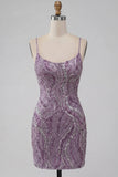 Lilac Bodycon Spaghetti Straps Short Homecoming Dress with Sequins