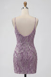 Lilac Bodycon Spaghetti Straps Short Homecoming Dress with Sequins