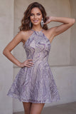 Lilac Halter Neck A-Line Short Homecoming Dress with Beading