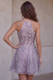 Lilac Halter Neck A-Line Short Homecoming Dress with Beading