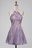 Lilac Halter Neck A-Line Short Homecoming Dress with Beading