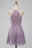 Lilac Halter Neck A-Line Short Homecoming Dress with Beading