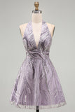 A-Line Lilac Halter Neck Backless Short Birthday Dress with Sequins