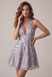 A-Line Lilac Halter Neck Backless Short Birthday Dress with Sequins