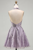 A-Line Lilac Halter Neck Backless Short Birthday Dress with Sequins