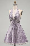 A-Line Lilac Halter Neck Backless Short Birthday Dress with Sequins