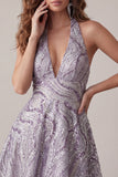 A-Line Lilac Halter Neck Backless Short Birthday Dress with Sequins
