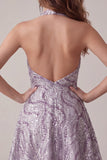 A-Line Lilac Halter Neck Backless Short Birthday Dress with Sequins