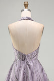 A-Line Lilac Halter Neck Backless Short Birthday Dress with Sequins