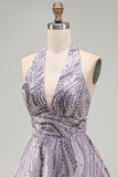 A-Line Lilac Halter Neck Backless Short Birthday Dress with Sequins