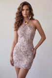 Fog Halter Neck Bodycon Pearl Floral Short Homecoming Dress with Beading