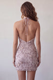Fog Halter Neck Bodycon Pearl Floral Short Homecoming Dress with Beading