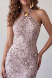 Fog Halter Neck Bodycon Pearl Floral Short Homecoming Dress with Beading
