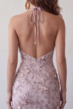 Fog Halter Neck Bodycon Pearl Floral Short Homecoming Dress with Beading