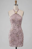 Fog Halter Neck Bodycon Pearl Floral Short Homecoming Dress with Beading