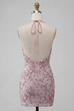 Fog Halter Neck Bodycon Pearl Floral Short Homecoming Dress with Beading