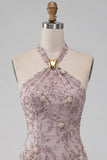 Fog Halter Neck Bodycon Pearl Floral Short Homecoming Dress with Beading
