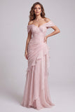Light Pink Ruched Mermaid Off The Shoulder Formal Dress with Ruffles