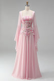 Light Pink Embroidery Corset A-Line Peplum Chiffon Long Prom Dress with Long Bell Sleeves