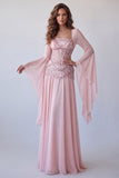 Light Pink Flare Sleeves Corset A-Line Sequin Long Formal Dress