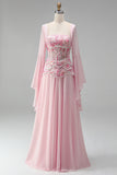 Light Pink Flare Sleeves Corset A-Line Sequin Long Formal Dress