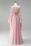 Light Pink Flare Sleeves Corset A-Line Sequin Long Formal Dress