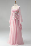 Light Pink Flare Sleeves Corset A-Line Sequin Long Formal Dress